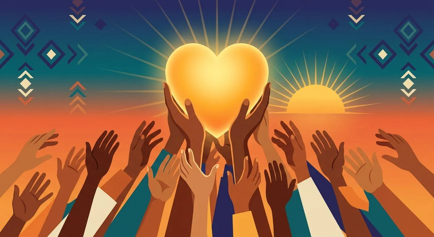 Illustration of many hands of different skin tones lifting one glowing golden heart at sunrise