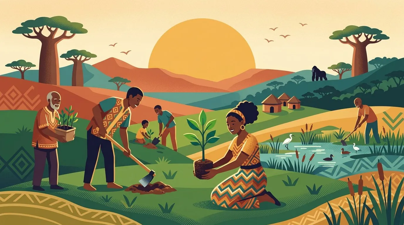 Illustration of community members planting tree seedlings beside a wetland with birds and a gorilla on a distant ridge
